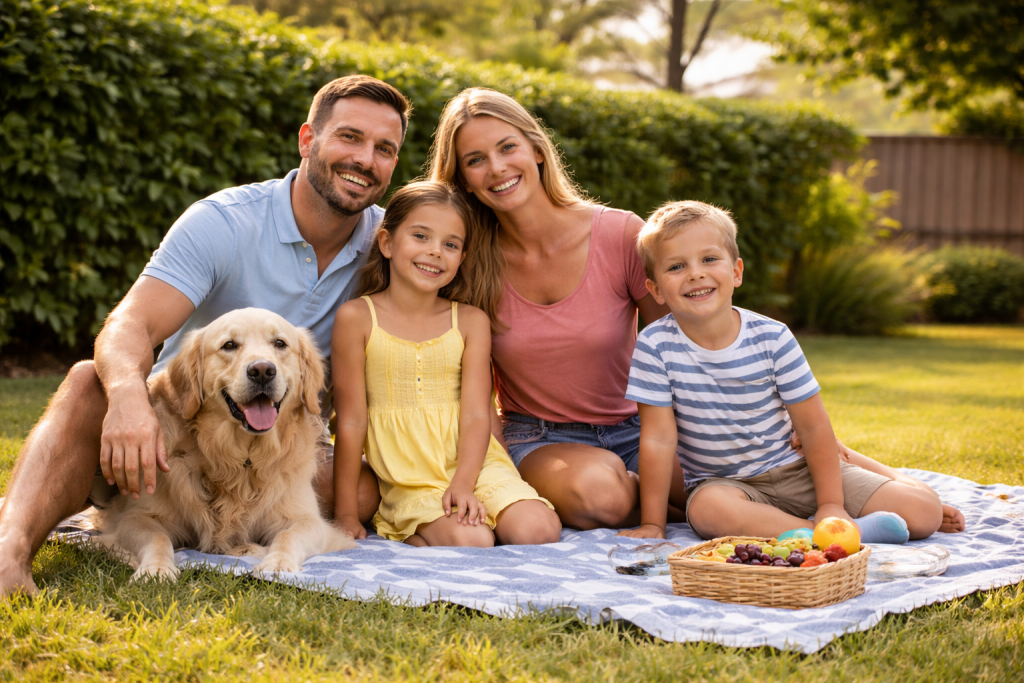 Happy family enjoying pest free yard