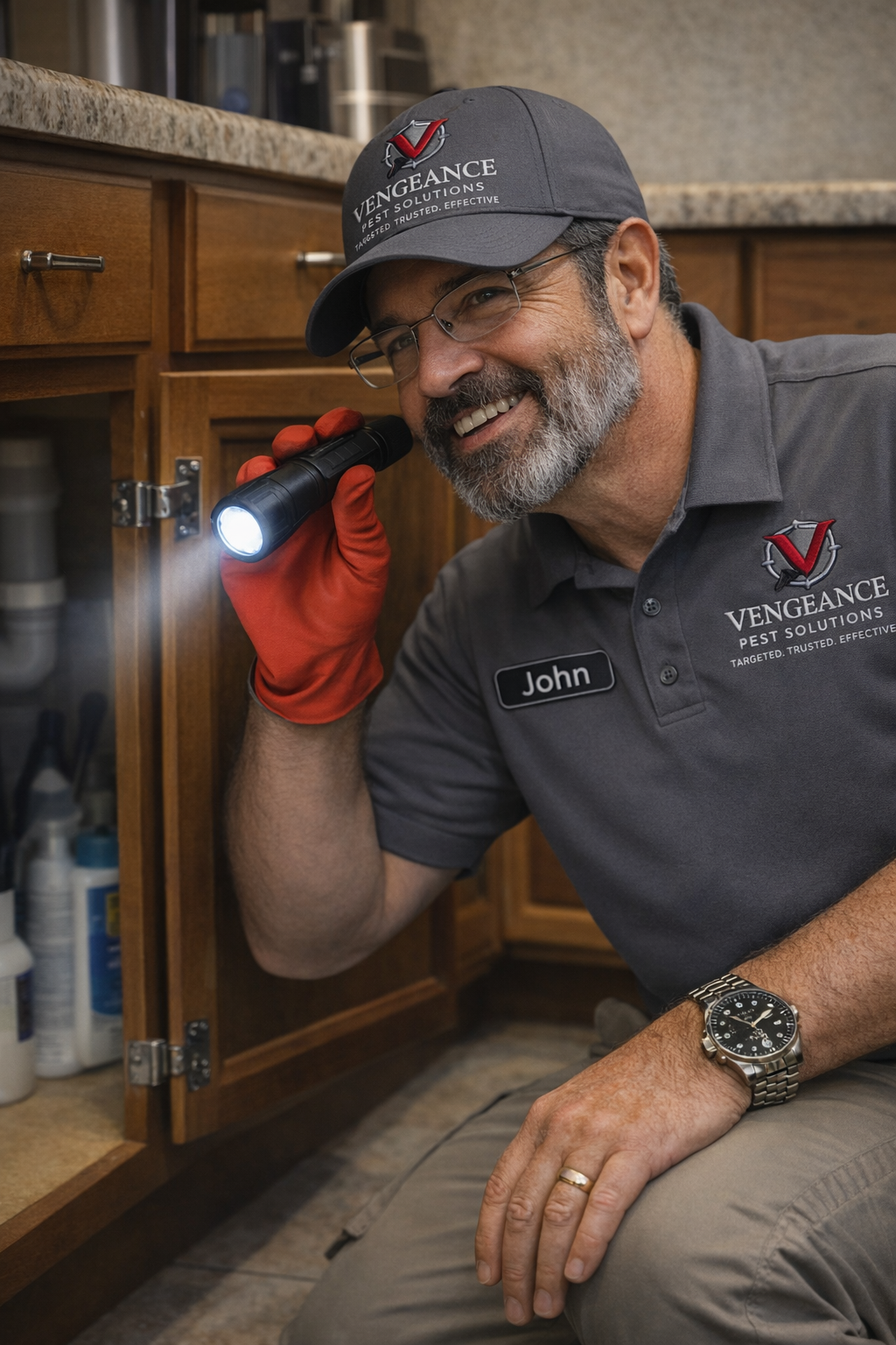 Vengeance Pest Solutions technician inspecting kitchen cabinet
